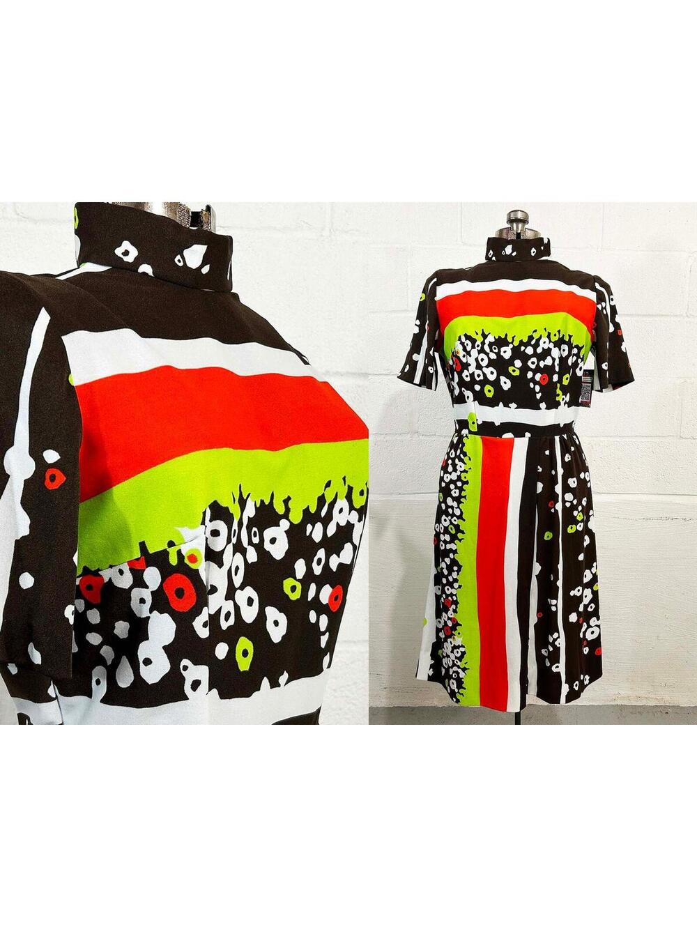 Vintage Mod Dress Twiggy Psychedelic Avant Garde Mockneck 1970s 1960s Large